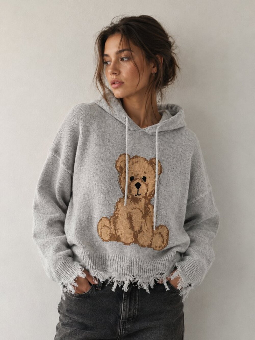 Just Polly NY Teddy Bear Distressed Knit Hoodie Sweater Women’s M Gray Oversized